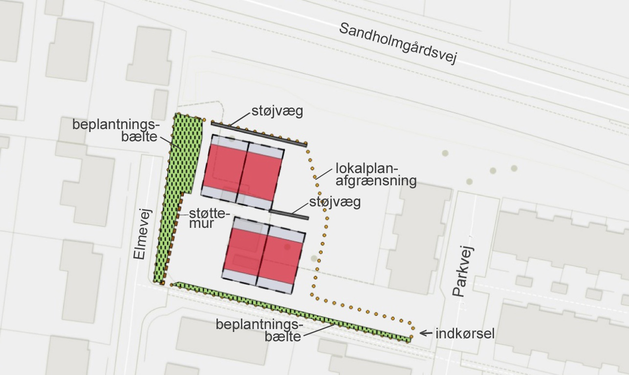 Boligerne opføres som 2 dobbelthuse i stedet for - som tidligere foreslået: 4 rækkehuse - for at tage hensyn til naboer og terræn. Illustration fra lokalplanforslaget. Tekster: AOB