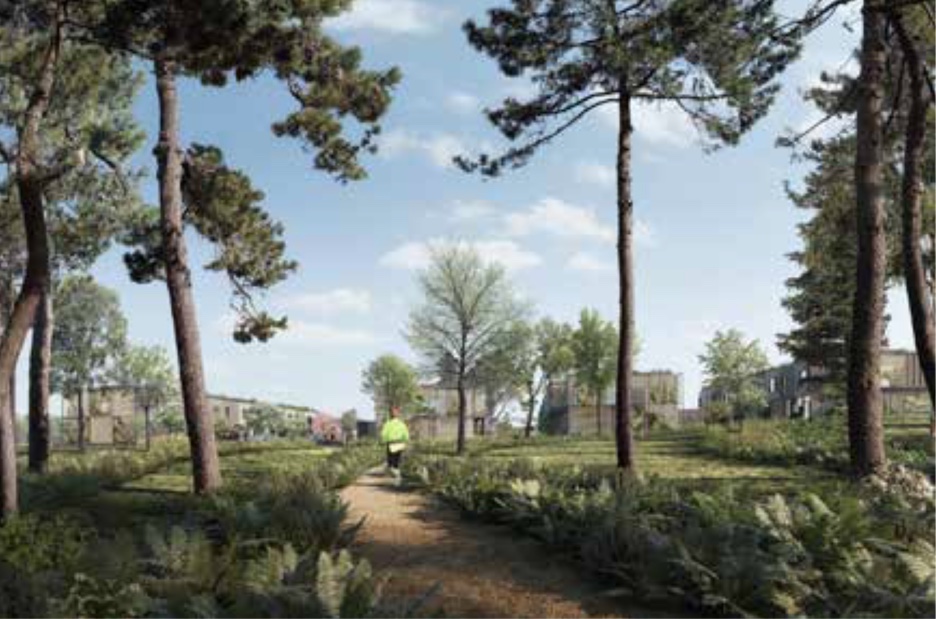 Bebyggelsen udformes som en tæt-lav bebyggelse, hvor Tegl-skovens landskabelige kvaliteter trækkes ind i boligområdet. Illustration: White arkitekter