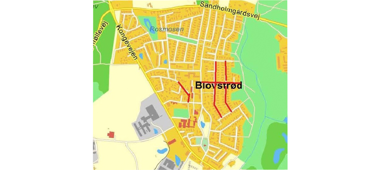 På kortet er angivet de seks veje i Blovstrød, som har haft besøg af uvedkommende her i påsken.