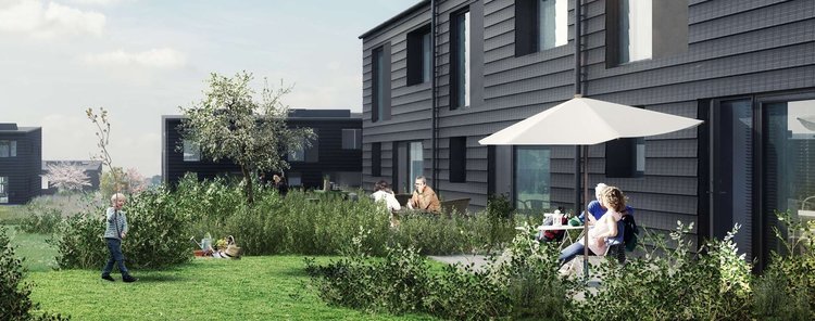 Nu er alle husene ved Drabæk Huse solgt, så der bliver stort rykind ved generalforsamlingen. Illustration: Svendborg Architects