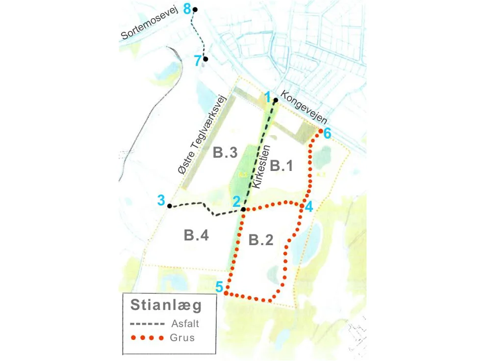 Stianlæggene omring de fire byggefelter. Illustration: Allerød Kommune. Tekster: AOB