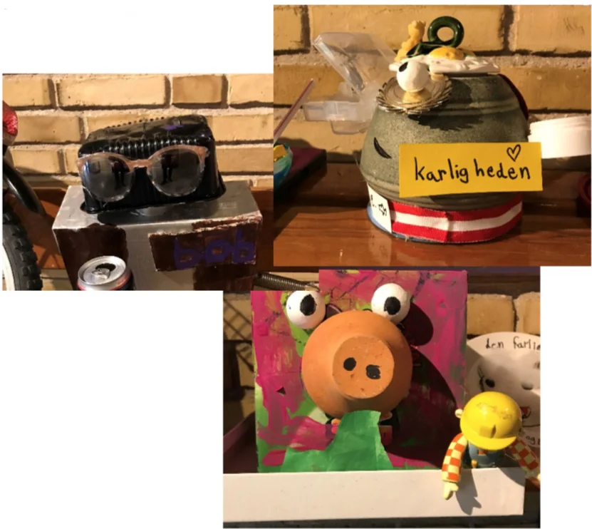 Eleverne er blevet inspireret af vores store kunstner, Henry Heerup, og de har været fantasifulde og kreative og lavet skrammelskulpturer. Ved evalueringen har klasserne givet udtryk for, at det har været en lærerig, spændende og sjov uge. Fotos: Mette Sand Kristensen