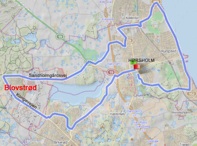 Her ses ruten på 33 km, hvor cyklisterne kommer ad Kongevejen fra syd og drejer mod øst ad Sandholmgårdsvej.