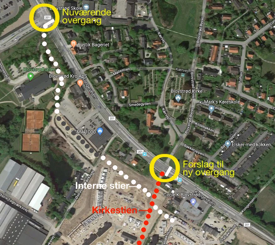 Kortet viser de kommende interne stier i bebyggelserne syd-vest for Kongevejen. Endvidere er den foreslåede nye overgang ved Kirkestien markeret. Tekster mm: AOB