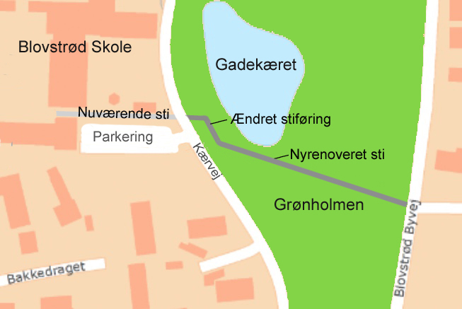 Af planen fremgår det, hvordan stien ændres ved Kærvej. Illustration: AOB
