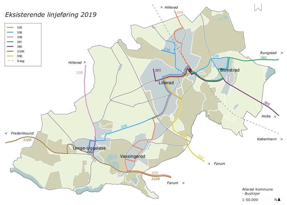 Kortet viser den eksisterende bus-linieføring i 2019. Illustration: Allerød Kommune