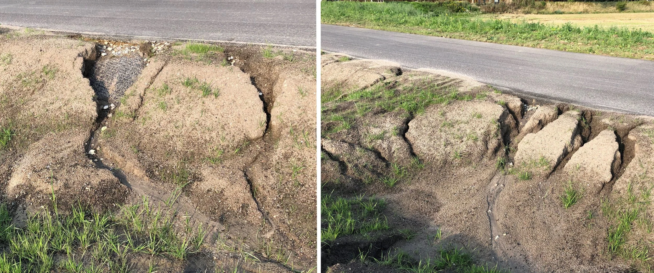 Flere steder ser det voldsomt ud, hvor jorden på kanterne er skyllet ned i bunden af grøften. Foto: AOB