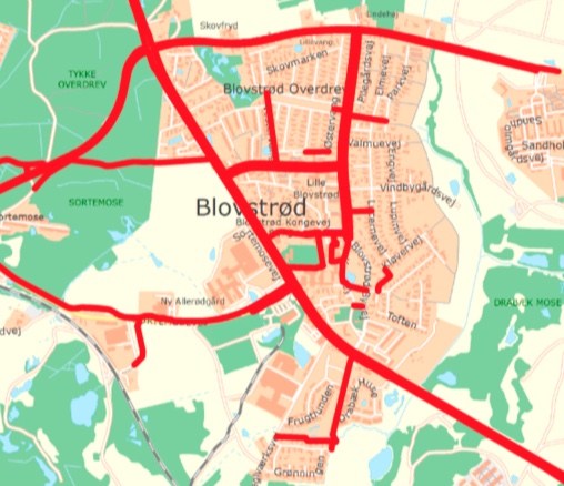 Plan over klasse-1 stierne, som tilstræbes holdt farbare hele døgnet. Glatførebekæmpelse udføres ved præventiv saltning. Snerydning igangsættes ved drivedannelser eller inden der i gennemsnit ligger 5 cm sne. Illustration: Allerød Kommune