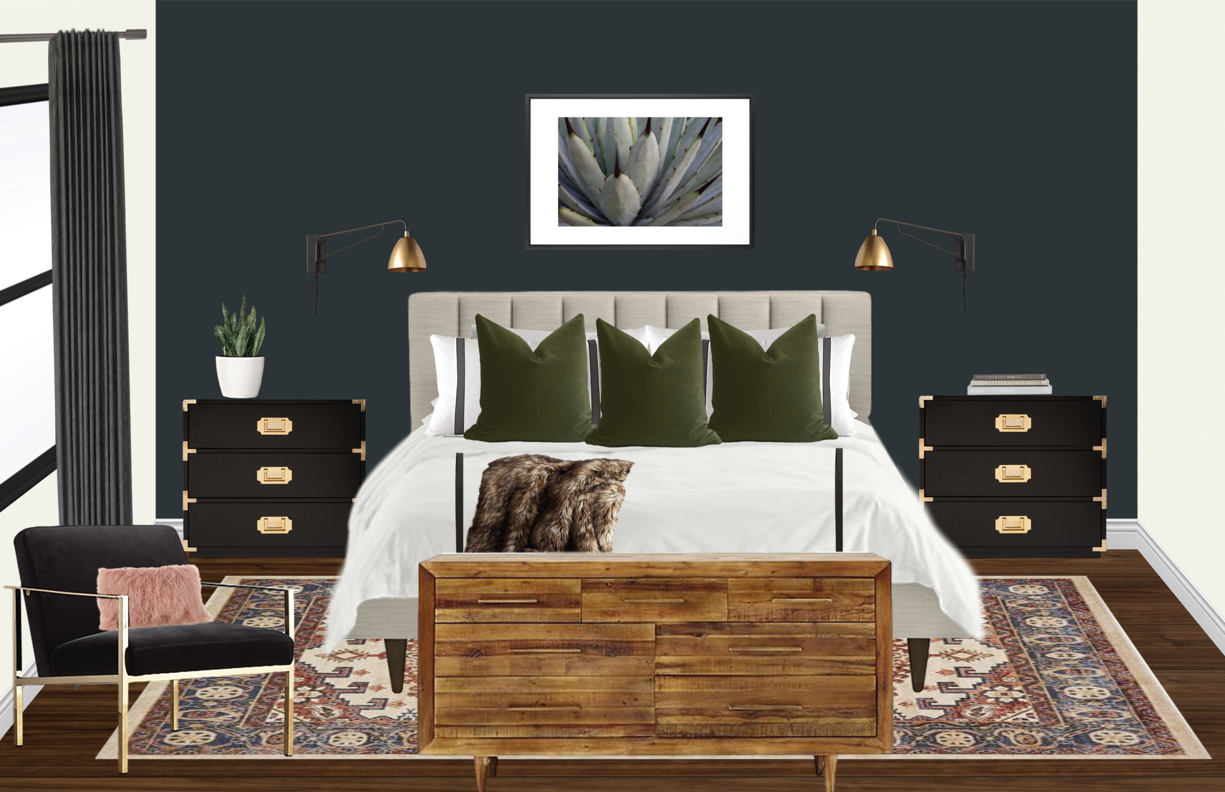 modern glam master bedroom navy accent wall.png