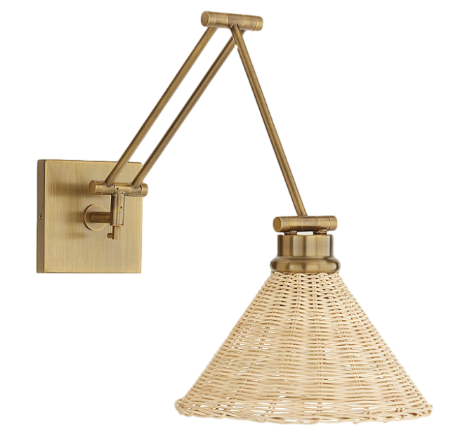 brass sconce with wicker shade