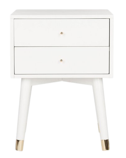 white and brass mid-century modern nightstand with two drawers