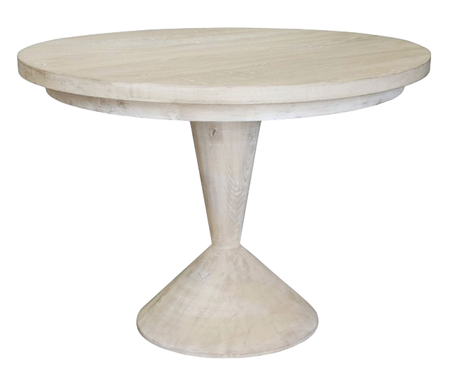 modern round graywash wood pedestal dining table