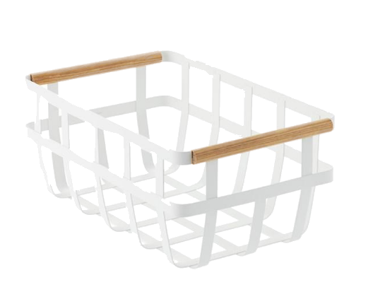 white metal baskets with wooden handles