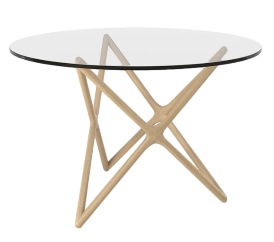 glass and natural wood star shape base table