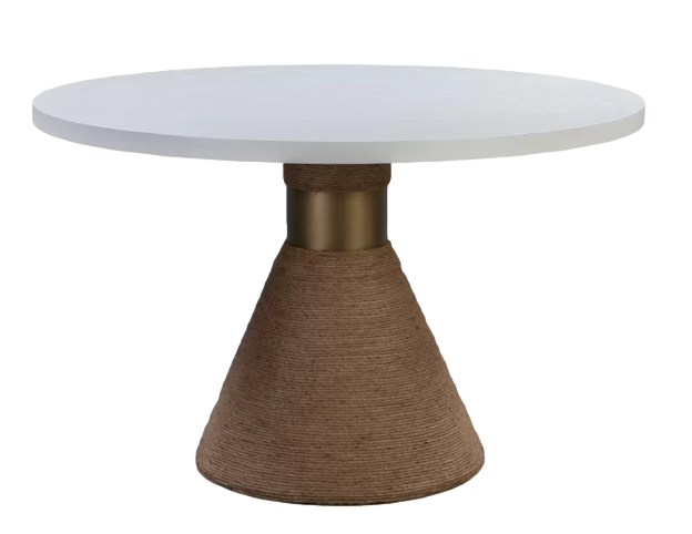 white and brass pedestal table with textured jute rope base 