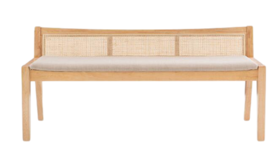 natural caned rattan bench with upholstered cushion and raised back