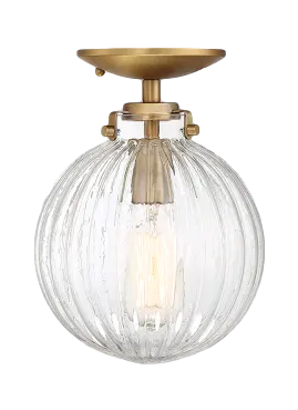 Fluted glass round semi-flush light fixture with brass detail