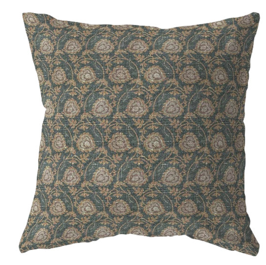 teal and gold floral block print pillow cover
