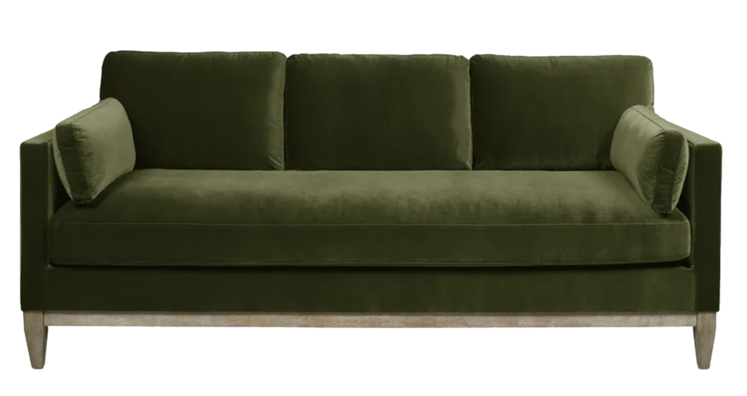 Olive Green Velvet Sofa with Wood Legs