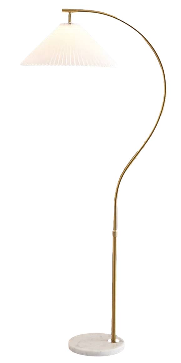 Arched Brass and Marble Floor Lamp with Pleated Tapered Shade