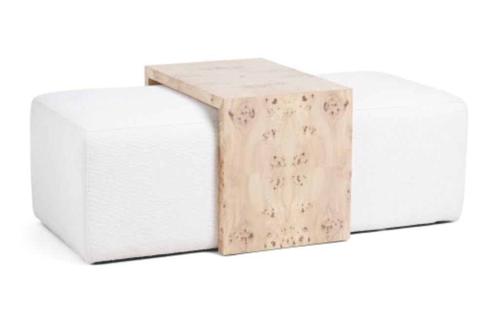 White Upholstered Ottoman with Burl Wood Table Overlay