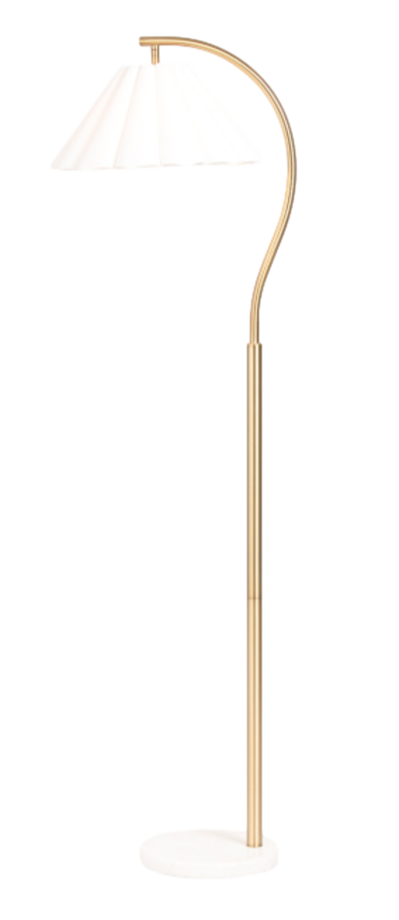 Gold Floor Lamp with Marble Base and Fluted White Shade