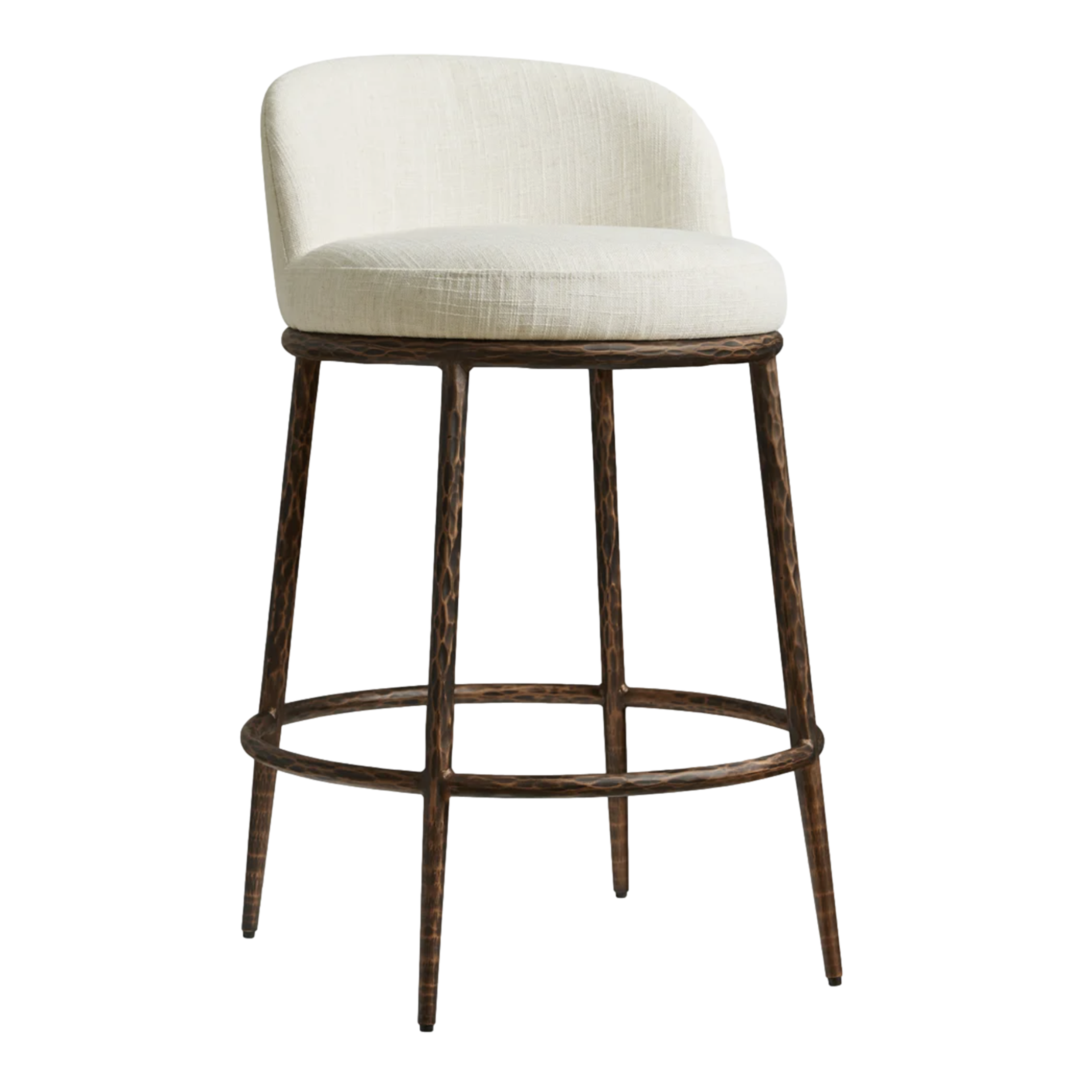  Ivory Upholstered Counter Stool with Hammered Metal Base 