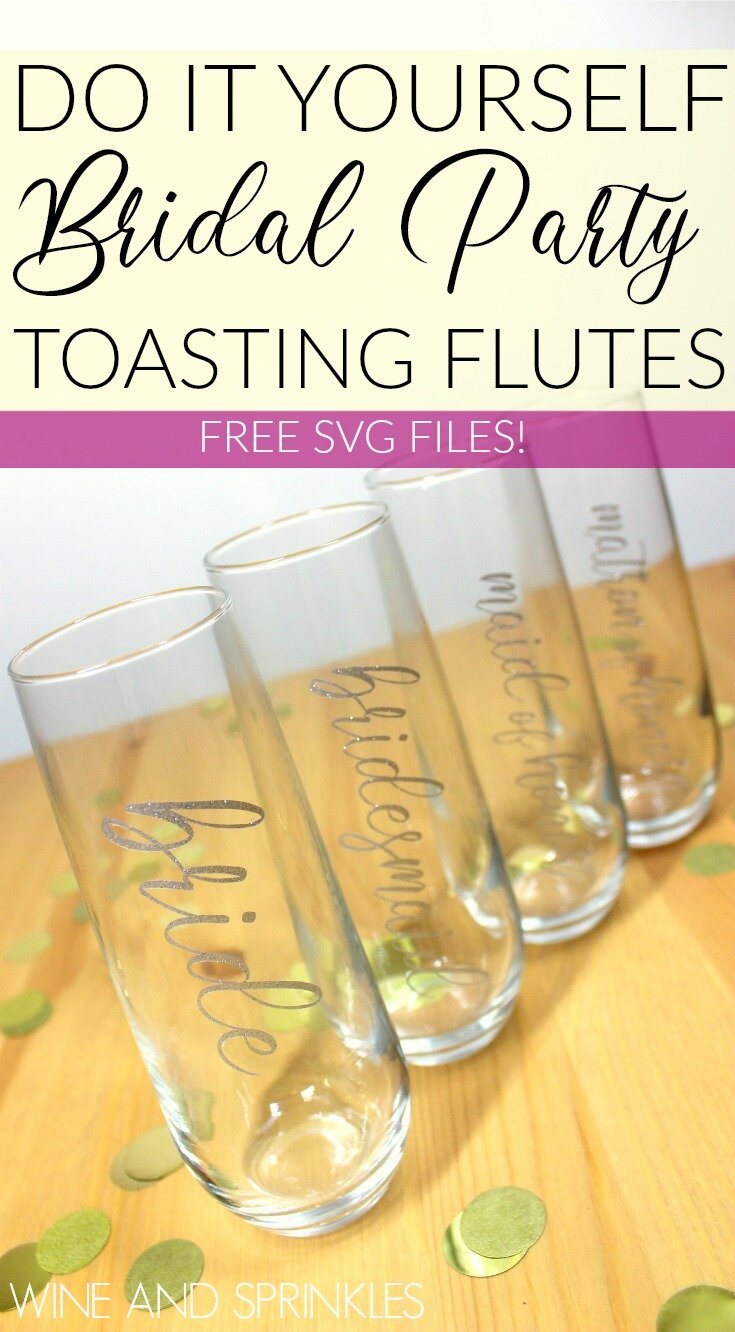 Romantic Font DIY Bridal Party Champagne Flutes #weddingparty #diywedding #popfizzclink