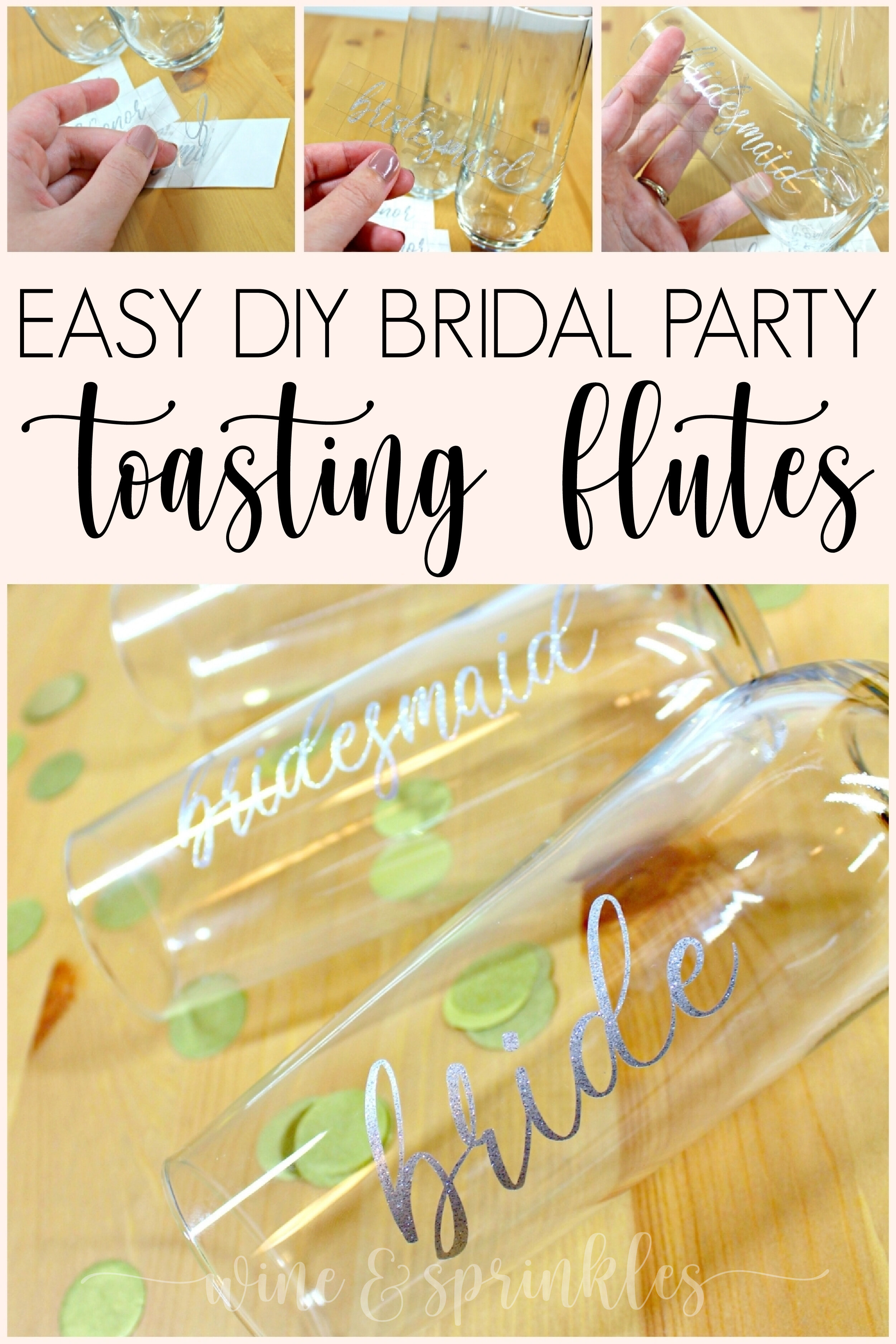 Romantic Font DIY Bridal Party Champagne Flutes #weddingparty #diywedding #popfizzclink