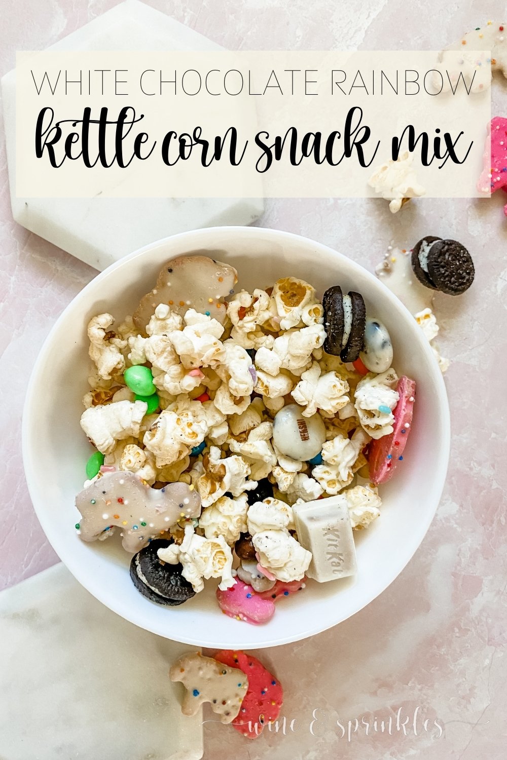 White Chocolate Rainbow Kettle Corn Cookies and Cream Snack Mix