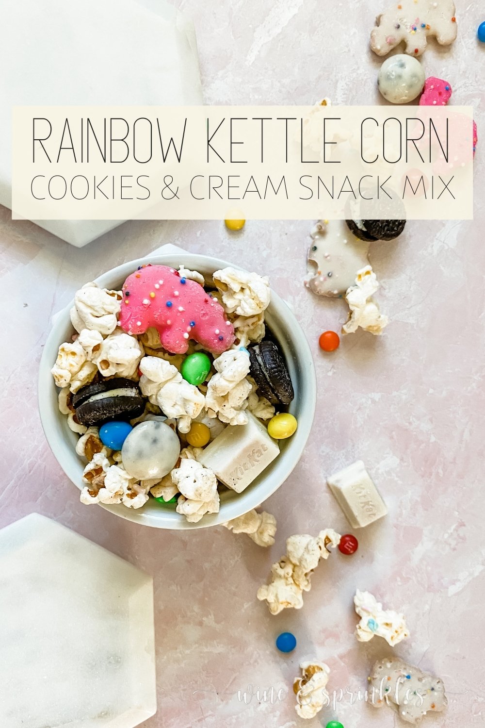 White Chocolate Rainbow Kettle Corn Cookies and Cream Snack Mix