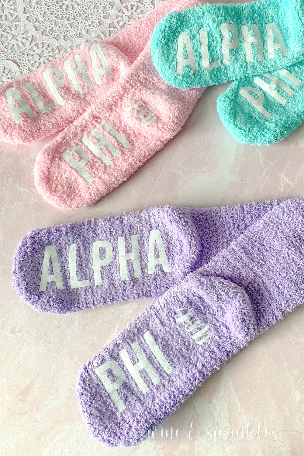 Personalized HTV Alpha Phi Sorority Fuzzy Slipper Socks