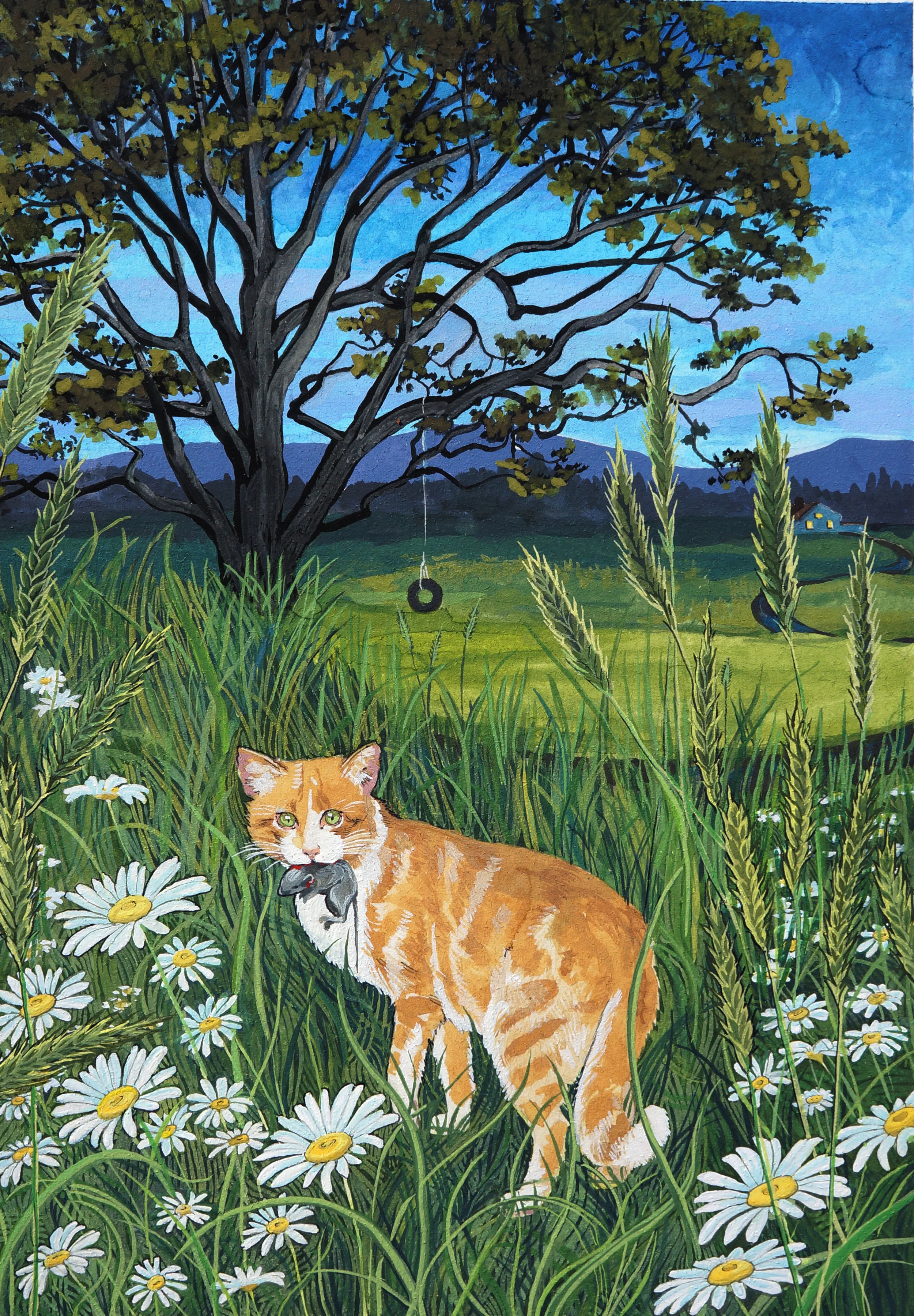 Cat with Vole, gouache on paper, 7 x 10 inches