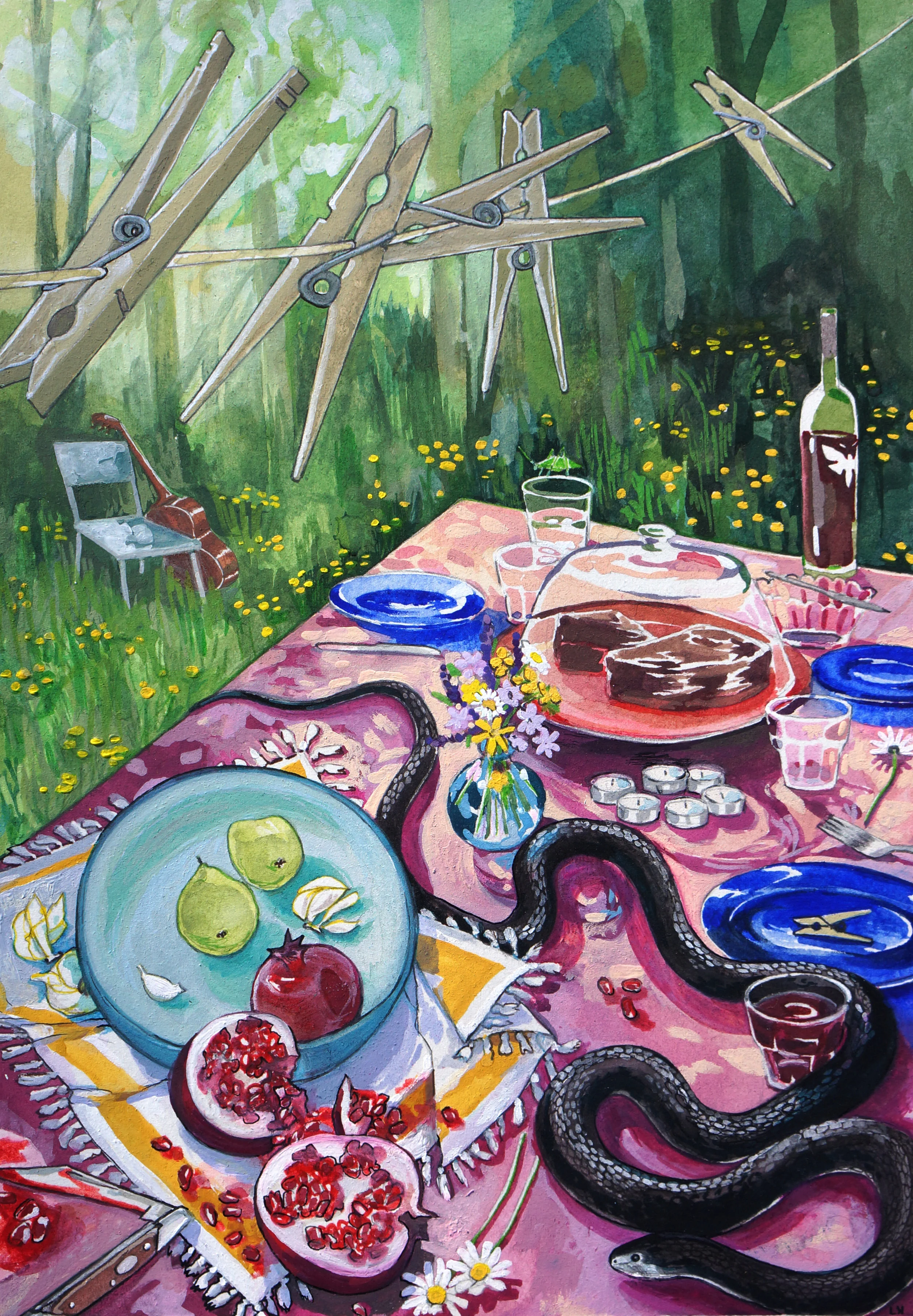 Still Life with Black Snake, gouache on paper, 7 x 10 inches (sold)