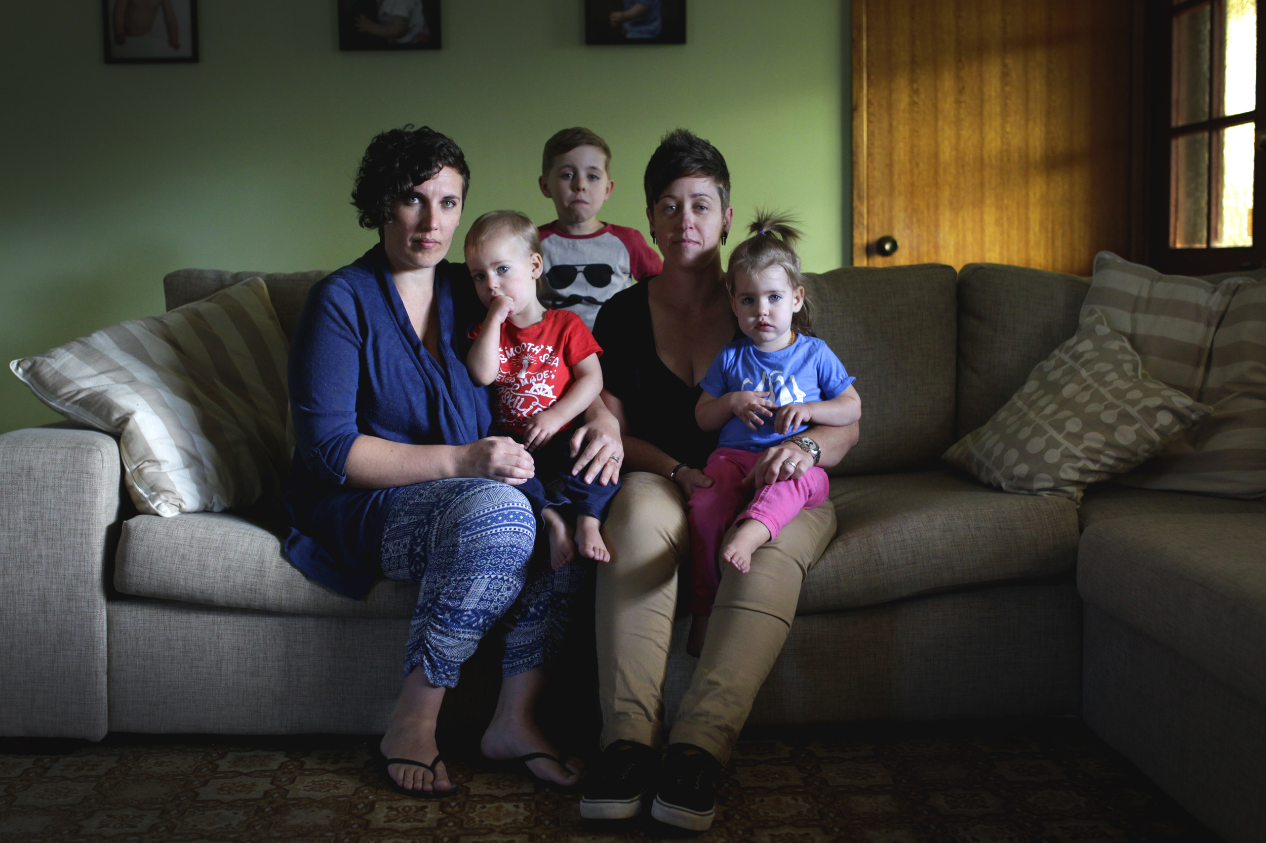 Mel and Liz, pictured with their twins Zali and Kale, 19 months, and son Bodhi, 5, are calling for Macarthur MP Russell Matheson to reverse his opposition to gay marriage. 