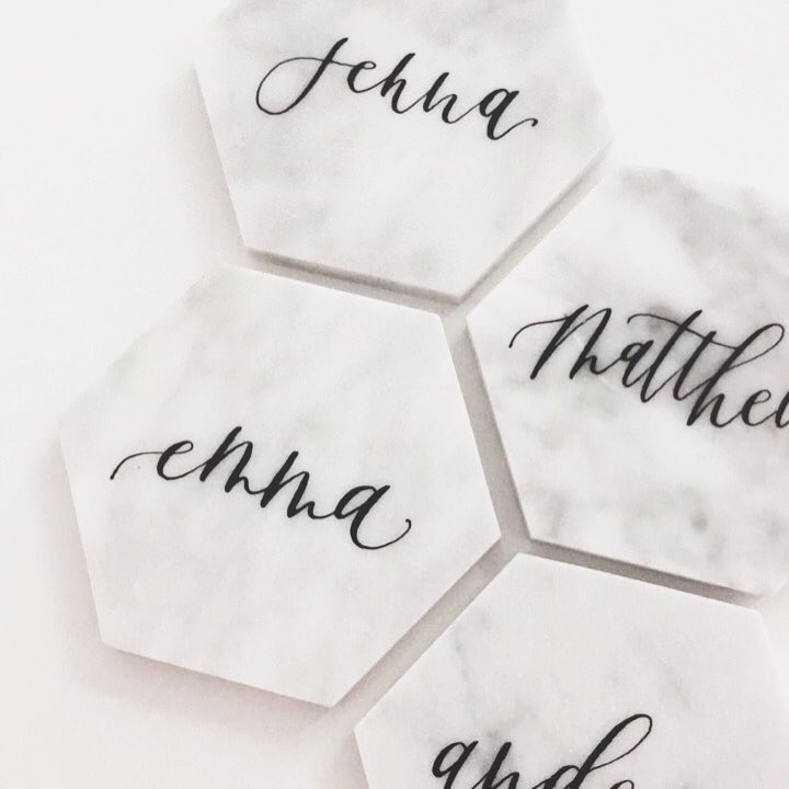 marble tile calligraphy place cards escort cards wedding stationery