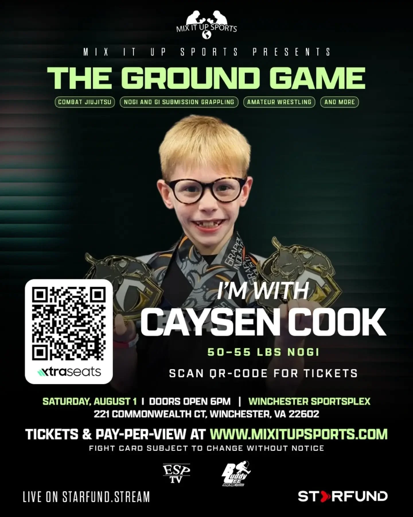 CAYSEN COOK X THE GROUND GAME 

Caysen is ready to represent Spectrum Jiu Jitsu on The Ground Game superfight card on August the 1st!

Purchase your tickets in our bio!