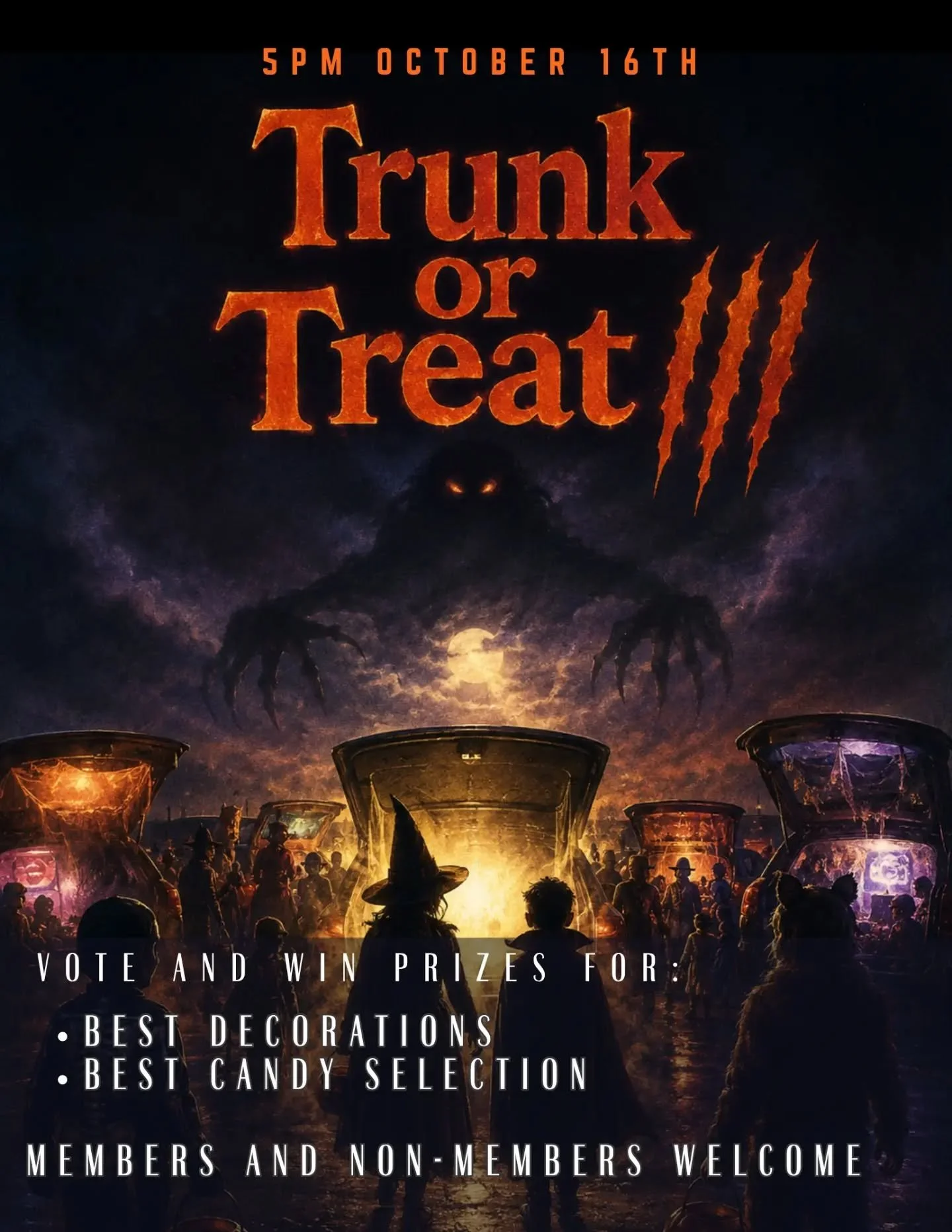 TRUNK OR TREAT 3 // OCTOBER 16TH

Join us on Friday, October the 16th at 5pm for a night of costumes, candy, and a little friendly competition.

Decorate your trunk, bring your best candy selection, and come ready to vote for your favorites. Prizes w