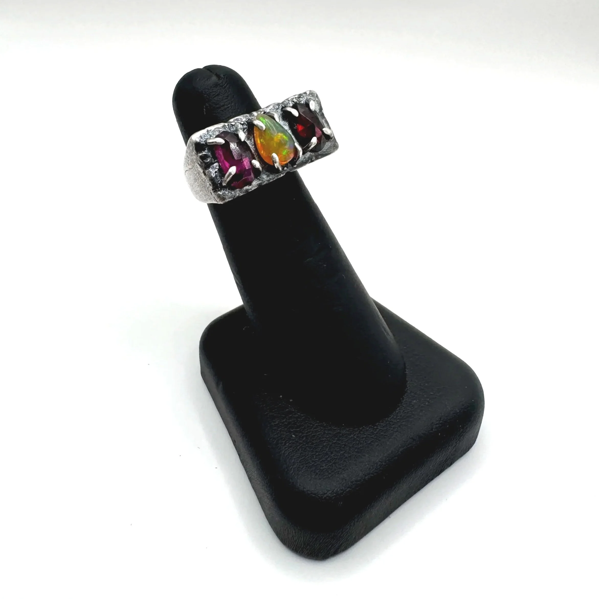 Opal and Garnet Distressed Brick Signet Ring