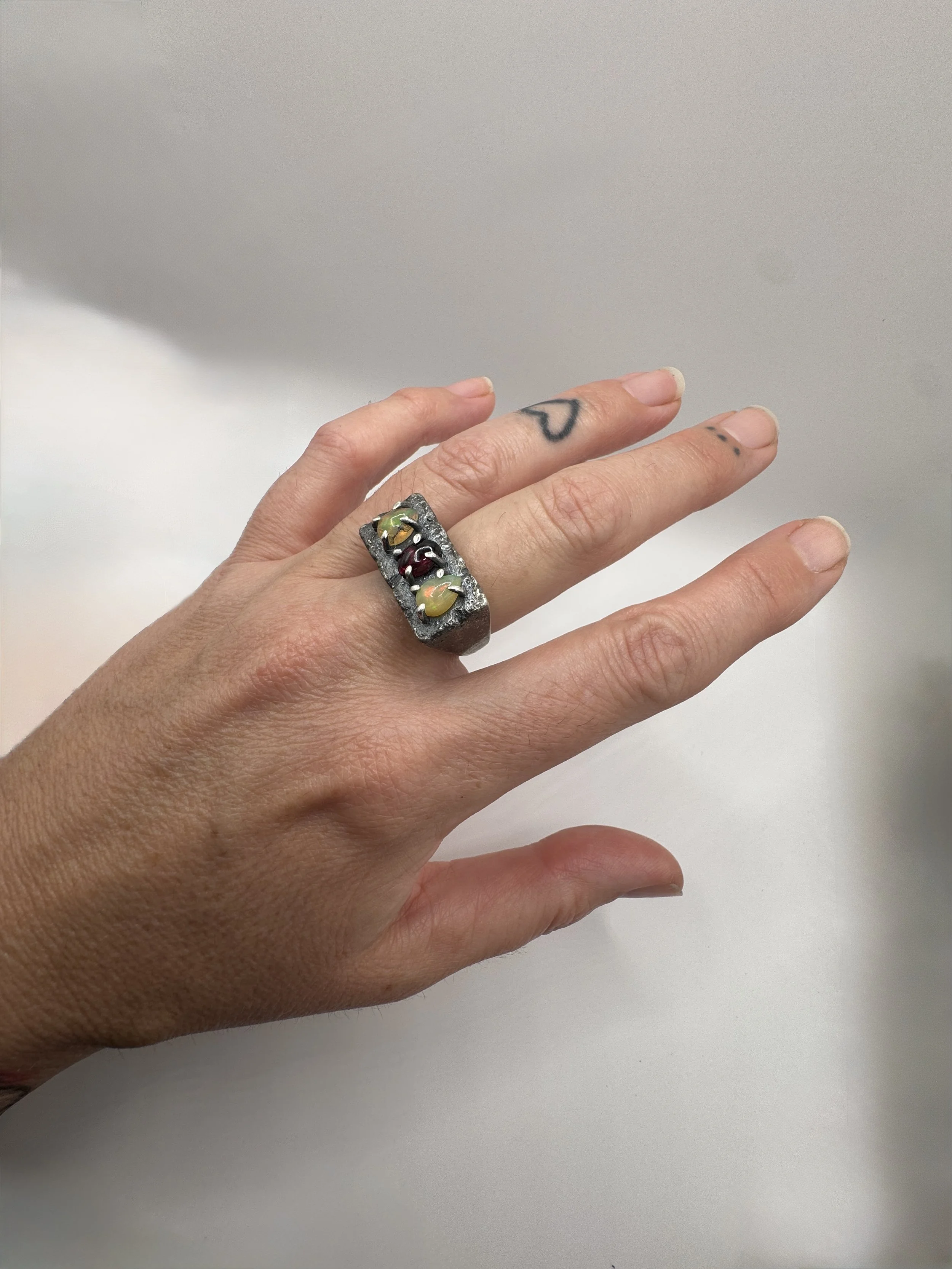 Opal and Garnet Distressed Brick Signet Ring