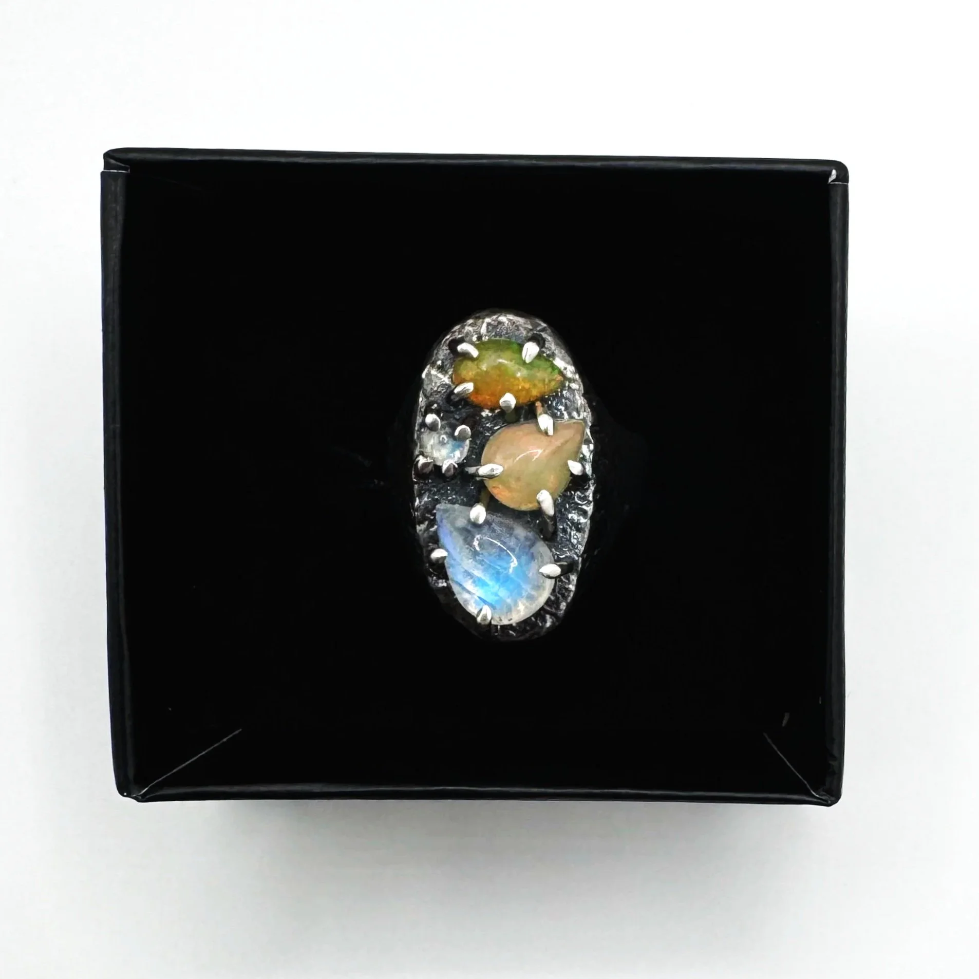 Opal and Moonstone Cluster Distressed Signet Ring