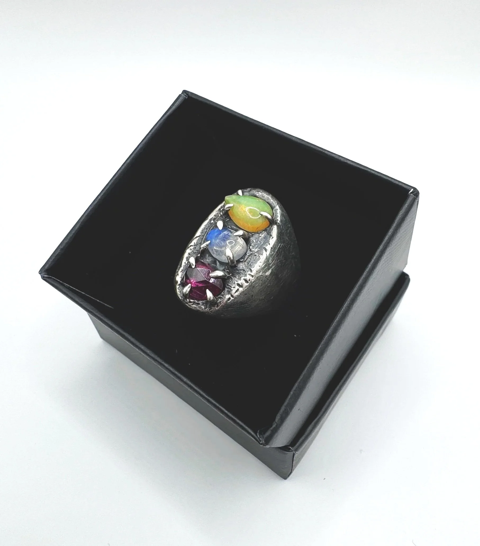 Opal, Garnet, and Moonstone Cluster Distressed Signet Ring