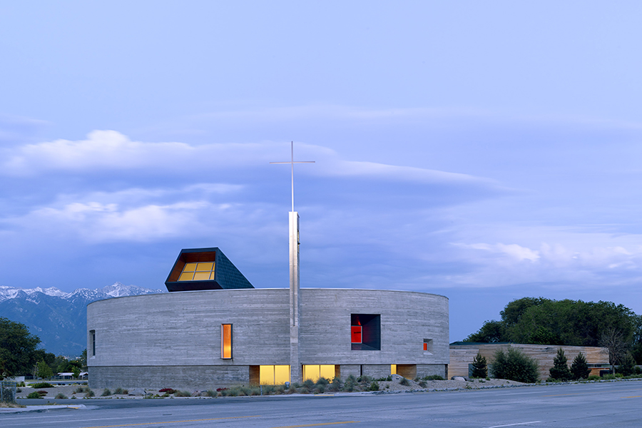 St. Joseph the Worker Church Evening Exterior Shot with illuminated openings