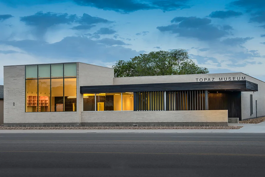 Topaz Museum and Education Center Exterior Facade from Street. Shout-Sugi-Ban Wood and Stone