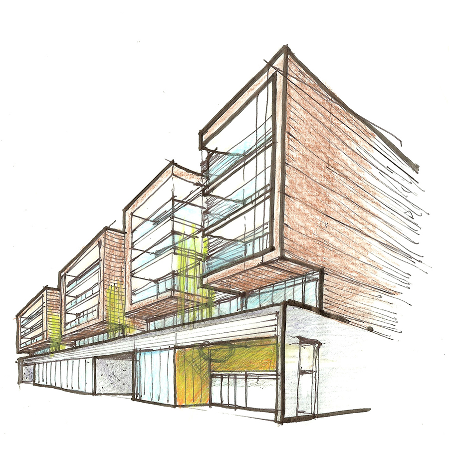 Los Feliz Mixed Use Housing Eye Level Sketch of Exterior Street Facade