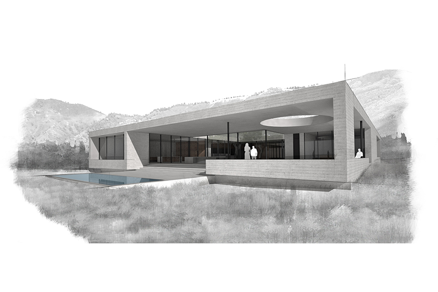 Glashausen Rendering of Rear Patio and Plaza area with pool
