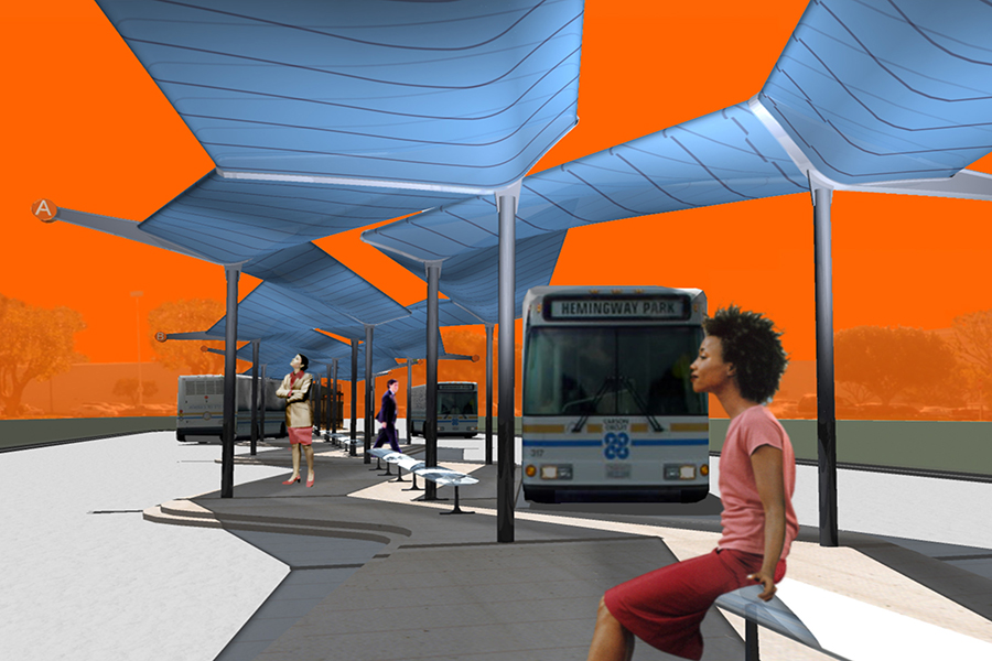 South Bay Pavilion Transit Center Experiential Rendering with riders and public transportation