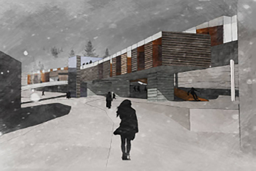 Powder Mountain Ski Lodge winter rendering of the structure and ski resort activities  