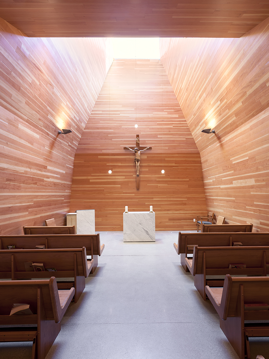 St. Joseph the Worker Day Chapel Interior Space Warm Wood and furniture designed by Sparano + Mooney Architecture