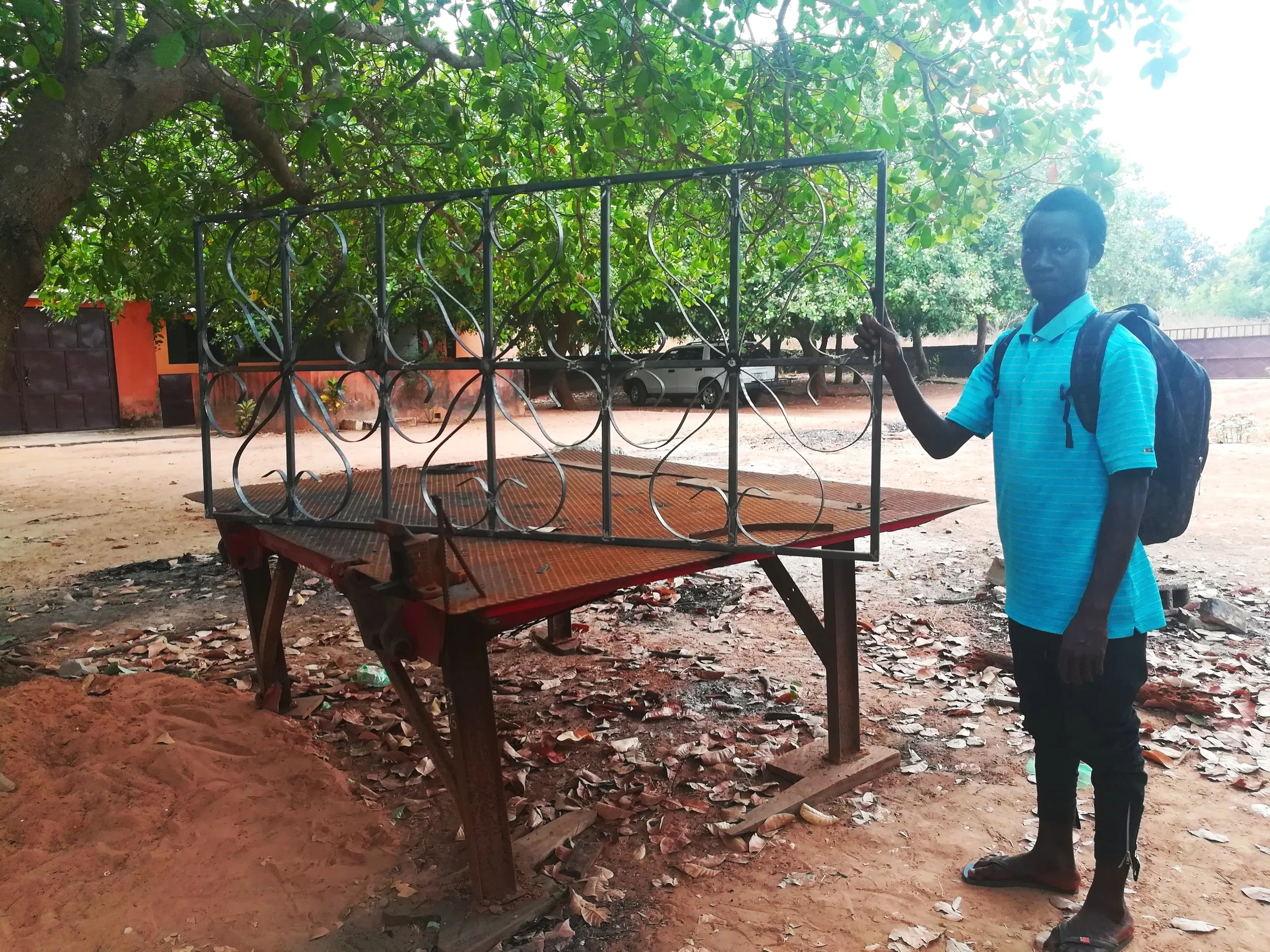 Erickson displays the security bars that he’s building for a client’s home.